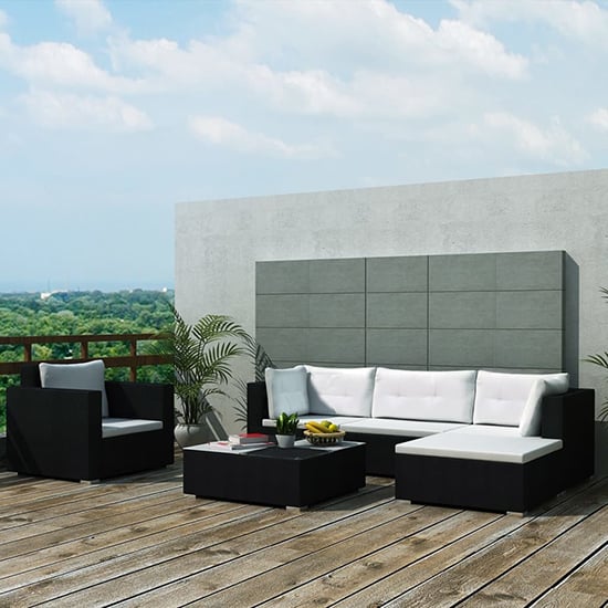 Product photograph of Paton Rattan 6 Piece Garden Lounge Set With Cushions In Black from Furniture in Fashion