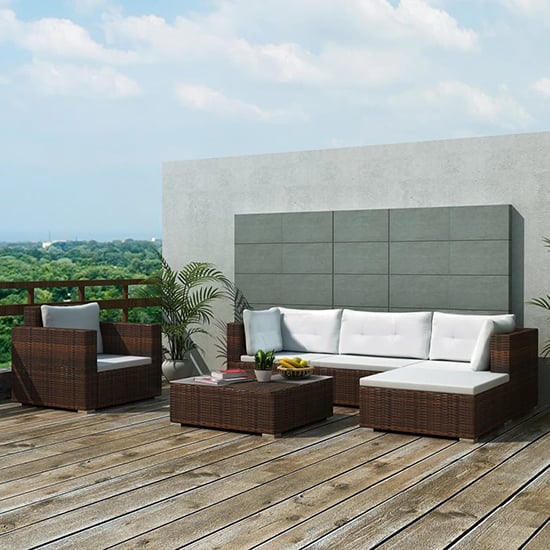 Product photograph of Paton Rattan 6 Piece Garden Lounge Set With Cushions In Brown from Furniture in Fashion