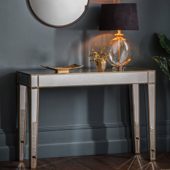 Product photograph of Patting Rectangular Mirrored Console Table In Antique Gold from Furniture in Fashion