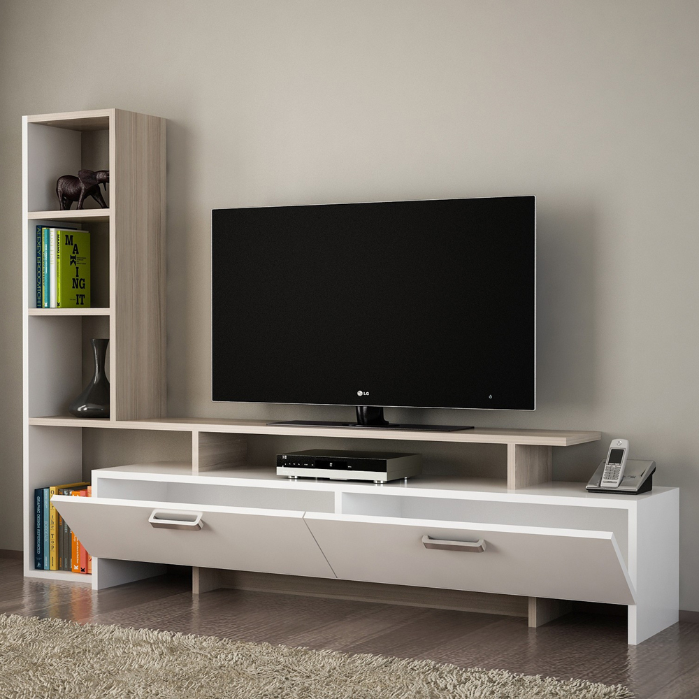 Pavona Wooden TV Stand with Bookcase in White Cordoba