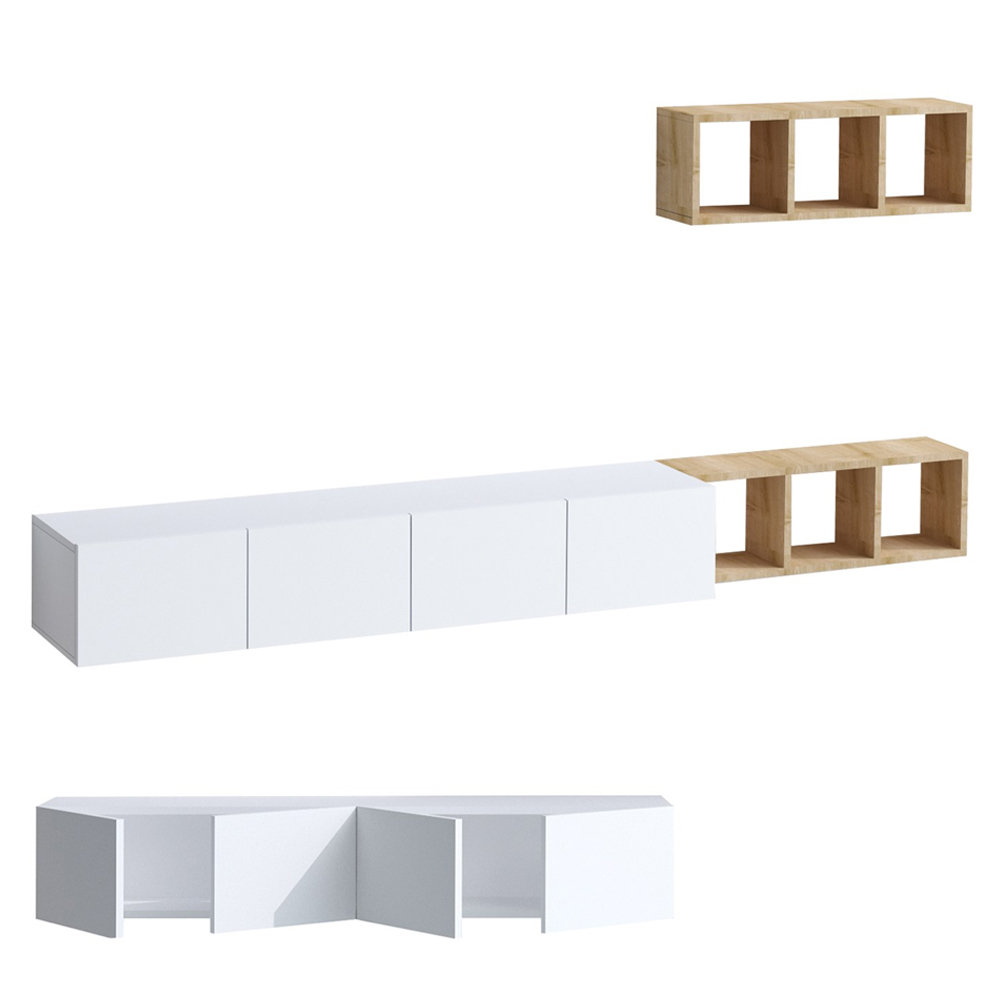 Pavona Wooden TV Stand with Wall Shelf in White Oak
