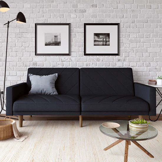 Pawson Fabric Sofa Bed With Wooden Legs In Navy Blue