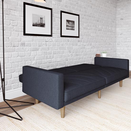 Portbury Linen Sofa Bed In Navy Blue With Wooden Feets_2