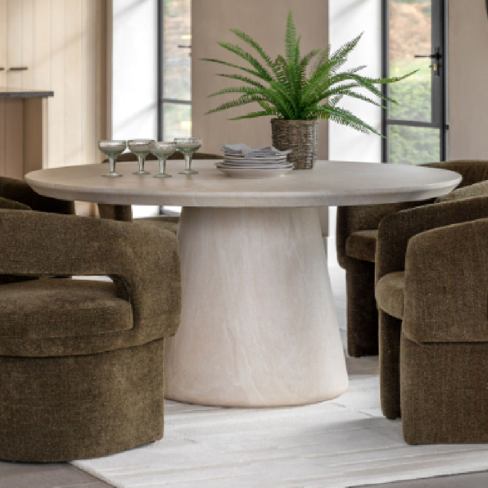 Payson Glass Concrete Round Dining Table In Travertine