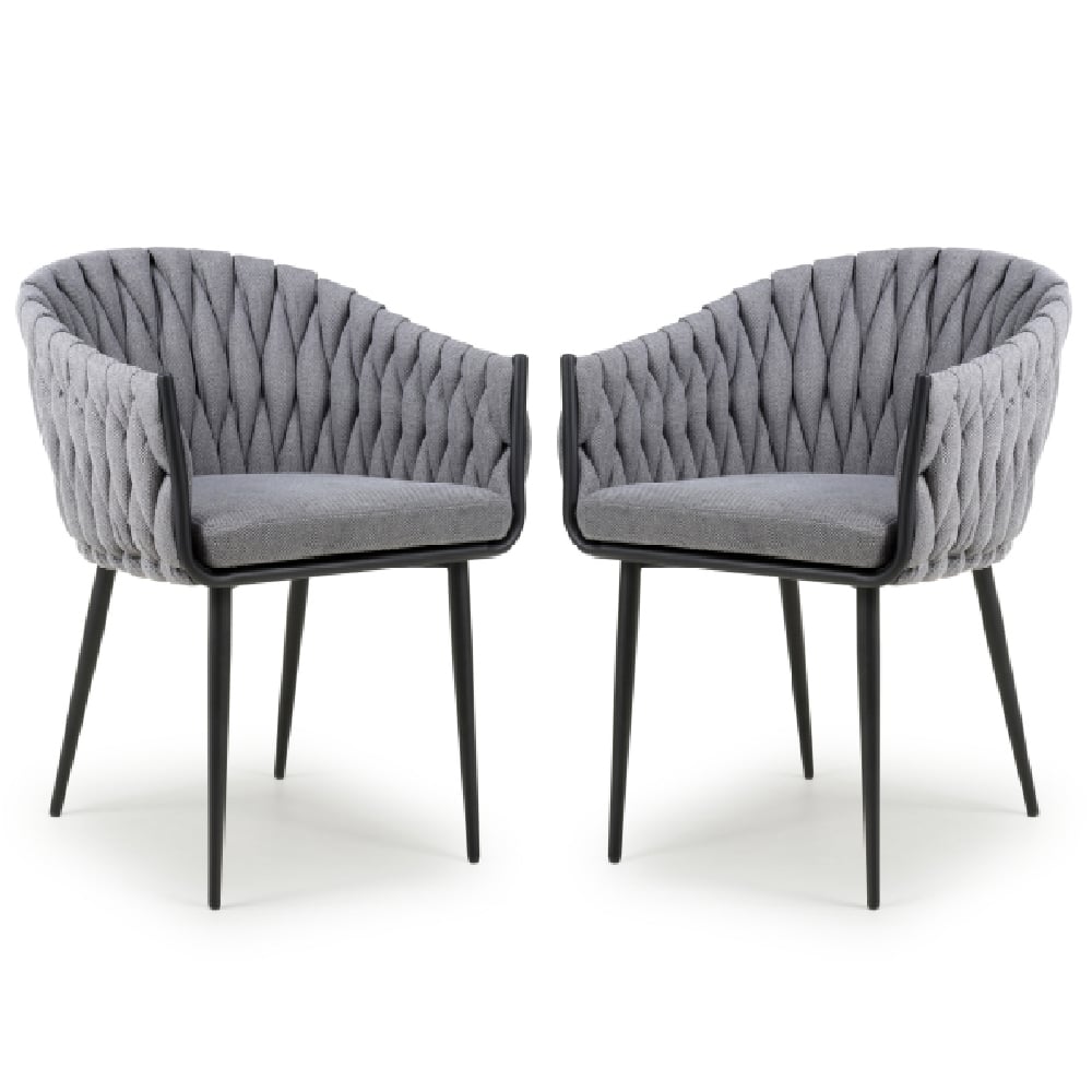 Read more about Pearl grey fabric dining chairs with black legs in pair