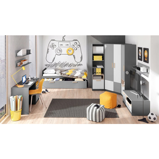 Pearl Kids Wooden Single Bed Trundle And Storage In Graphite