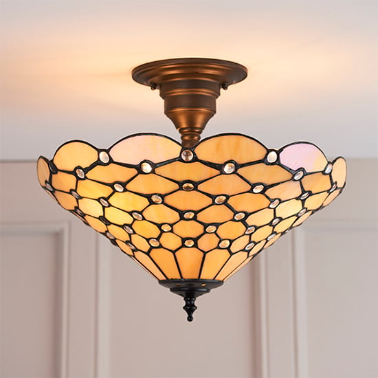 Photo of Pearl medium tiffany glass semi flush ceiling light in bronze