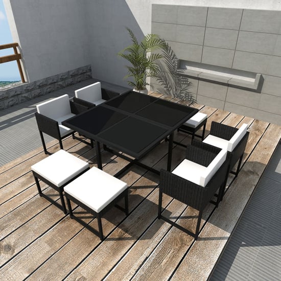 Product photograph of Pearl Rattan 9 Piece Outdoor Dining Set With Cushions In Black from Furniture in Fashion