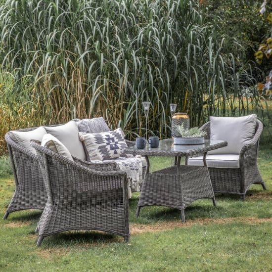 Pecox Outdoor Poly Rattan Lounger Dining Set In Grey