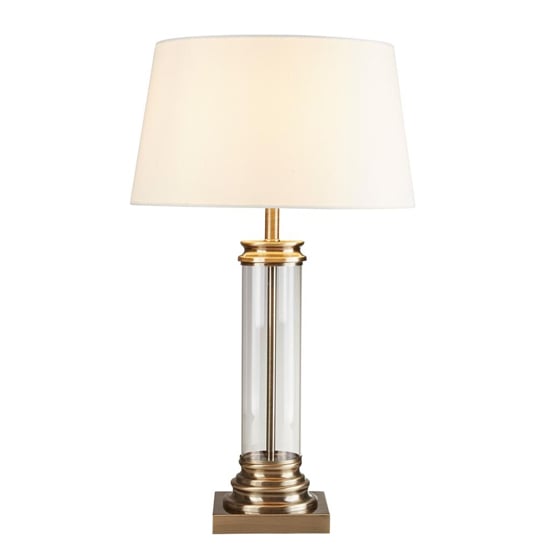 Pedestal Cream Fabric Shade Table Lamp In Antique Brass