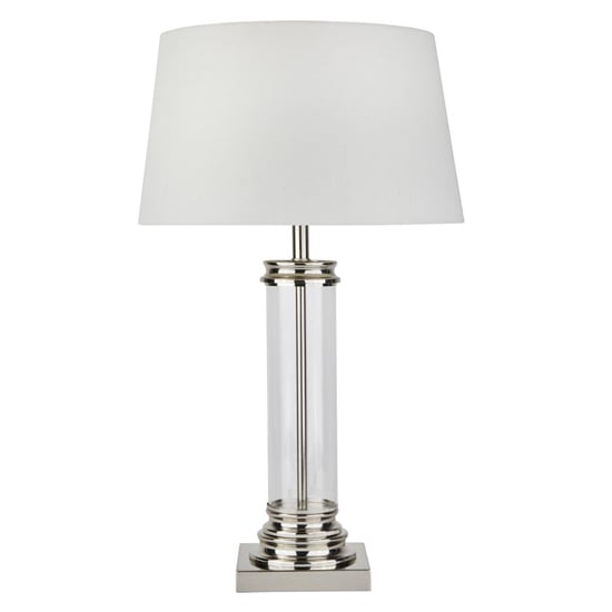 Pedestal Cream Fabric Shade Table Lamp In Satin Silver