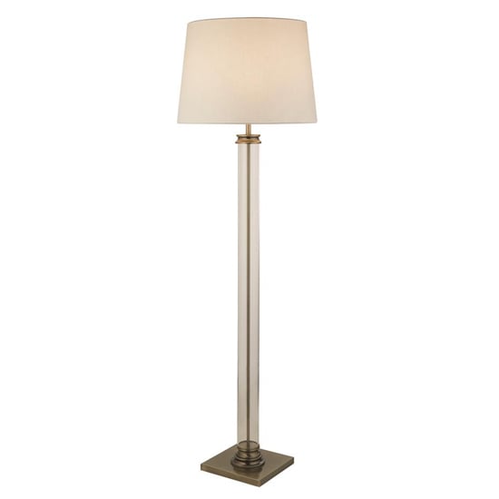 Photo of Pedestal white fabric shade floor lamp in antique brass