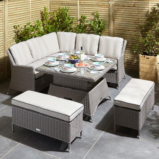 Peebles Corner Sofa With Dining Set And Benches In Natural Stone