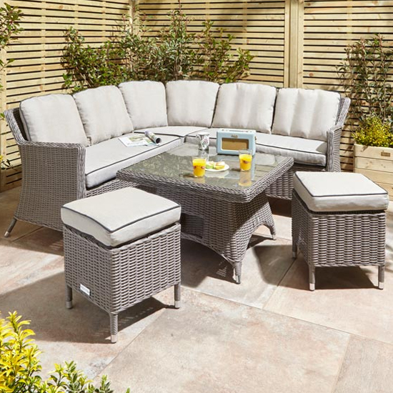 Photo of Peebles corner sofa with dining set and stools in natural stone