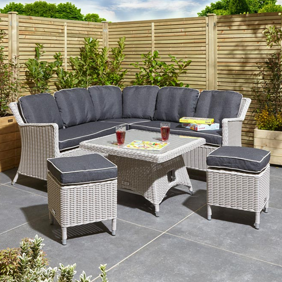 Peebles Corner Sofa With Dining Set And Stools In Putty Grey