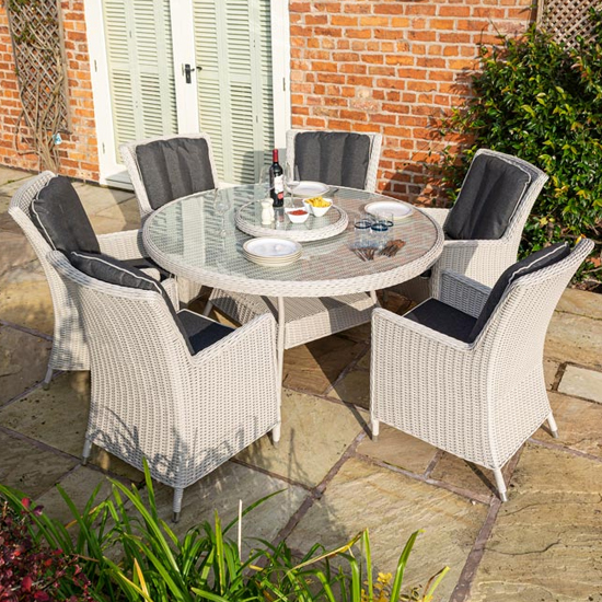 Read more about Peebles round dining table with 6 chairs in putty grey