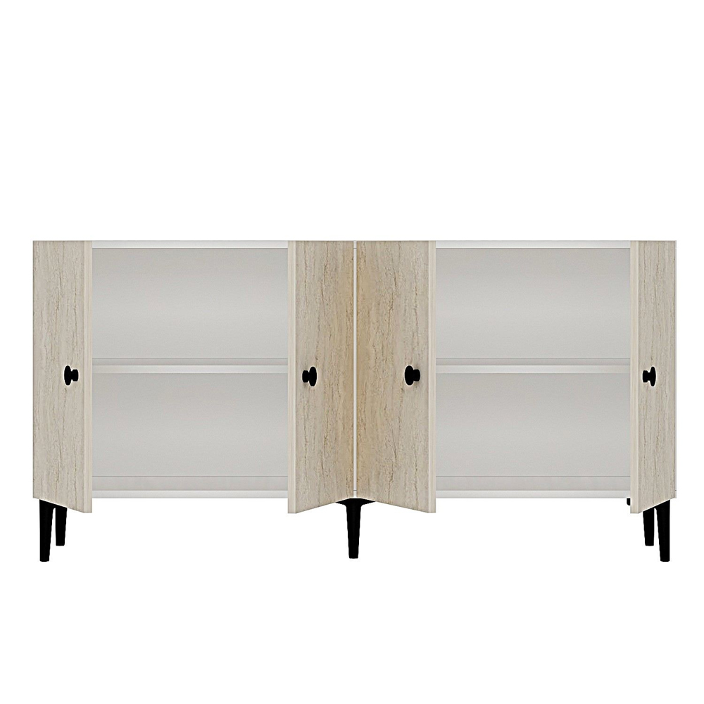 Pella Wooden Sideboard with 4 Doors in White and Travetine Marble Effect