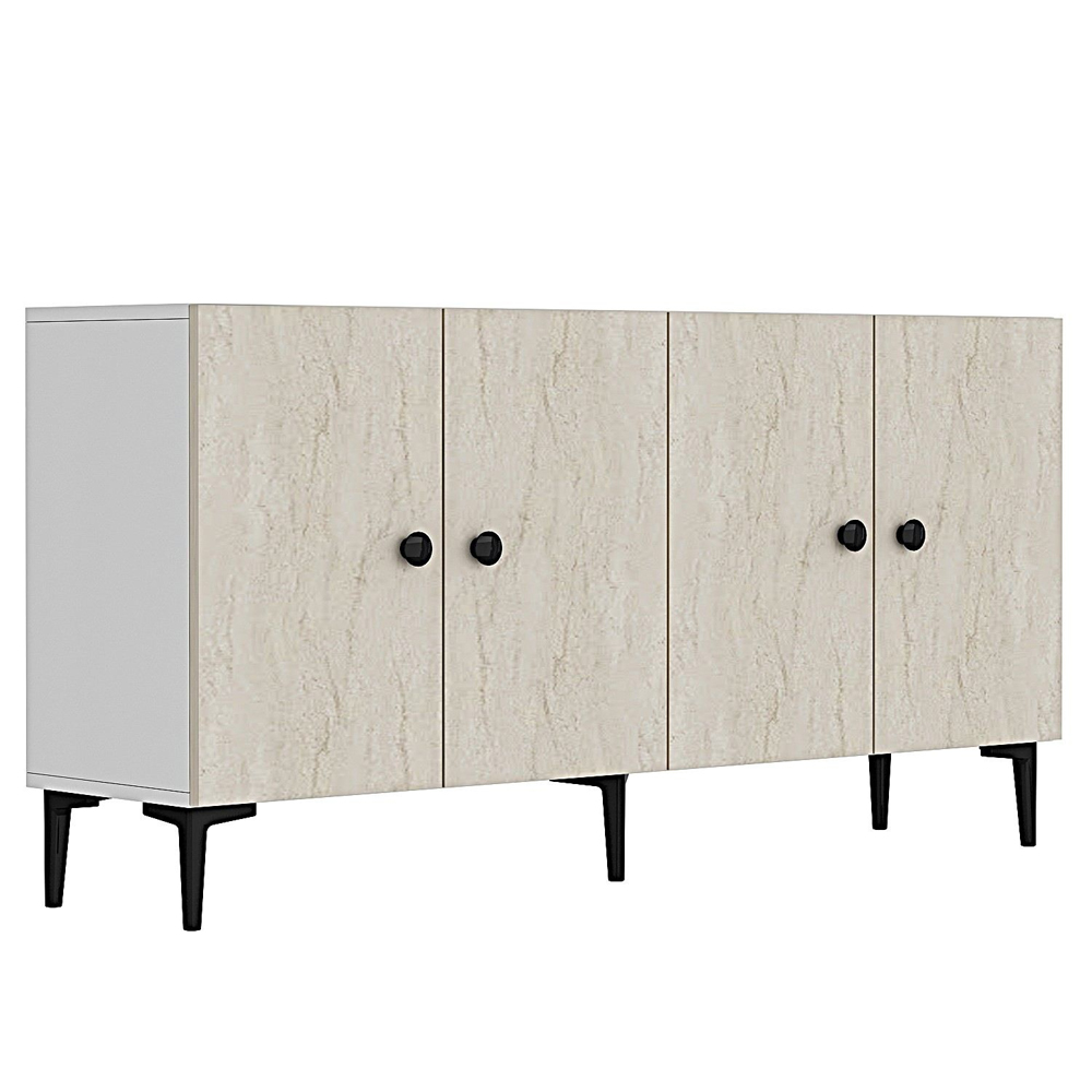 Pella Wooden Sideboard with 4 Doors in White and Travetine Marble Effect