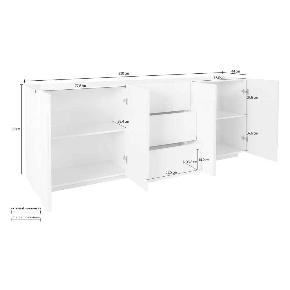 Pembroke High Gloss Sideboard With 4 Doors And 3 Drawers In White