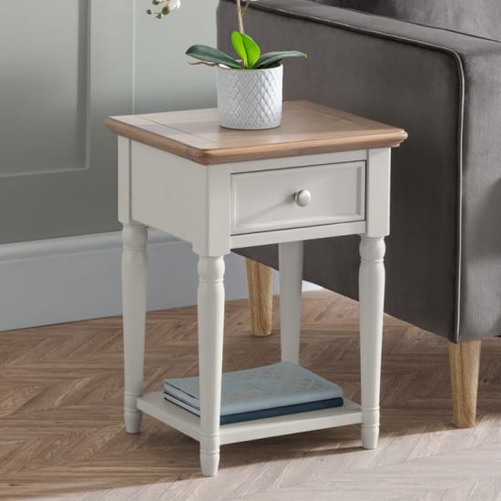 Photo of Pacari wooden lamp table in limed oak and grey with 1 drawer