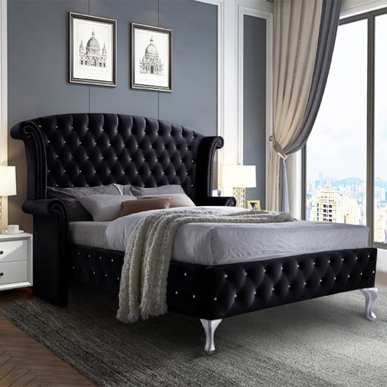 Pendleton Plush Velvet Upholstered Double Bed In Black