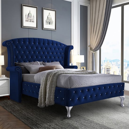 Read more about Pendleton plush velvet upholstered double bed in blue