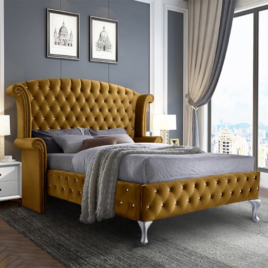 Read more about Pendleton plush velvet upholstered double bed in mustard