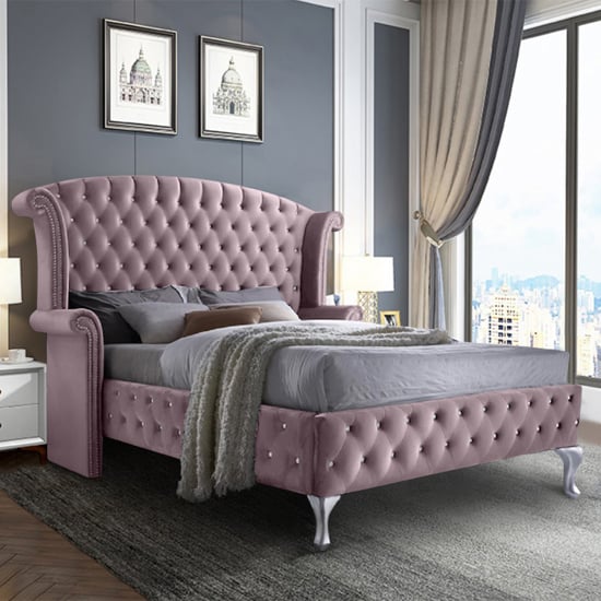 Pendleton Plush Velvet Upholstered Double Bed In Pink
