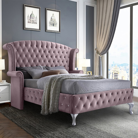 Photo of Pendleton plush velvet upholstered king size bed in pink