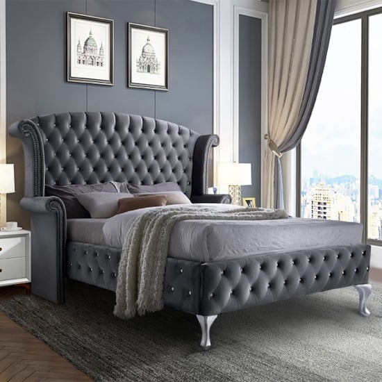 Photo of Pendleton plush velvet upholstered king size bed in steel