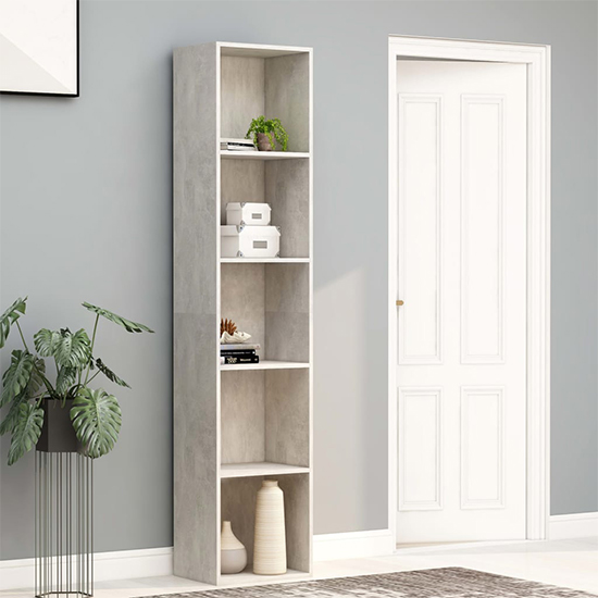 Photo of Peniel tall wooden bookcase with 5 shelves in concrete effect