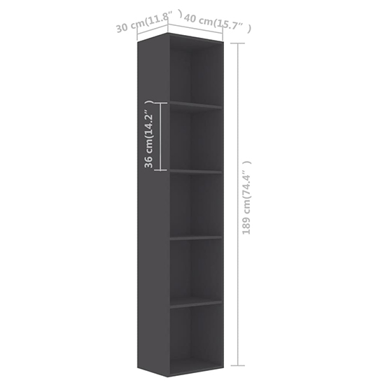 Peniel Tall Wooden Bookcase With 5 Shelves In Grey_5