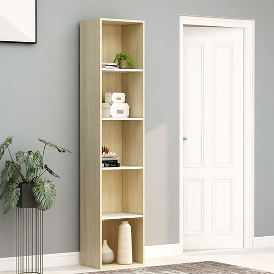 Peniel Tall Wooden Bookcase With 5 Shelves In Sonoma Oak And White