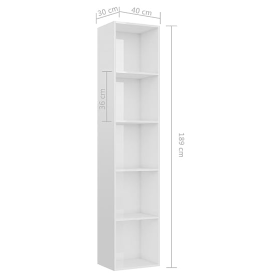 Peniel Tall High Gloss Bookcase With 5 Shelves In White_5