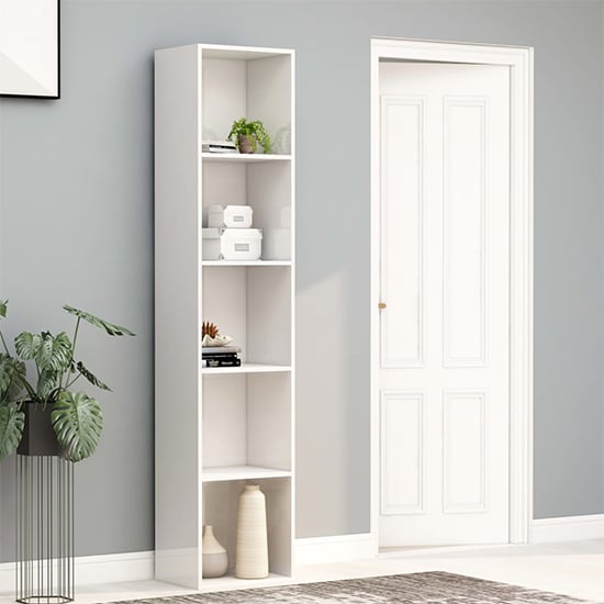 Peniel Tall High Gloss Bookcase With 5 Shelves In White