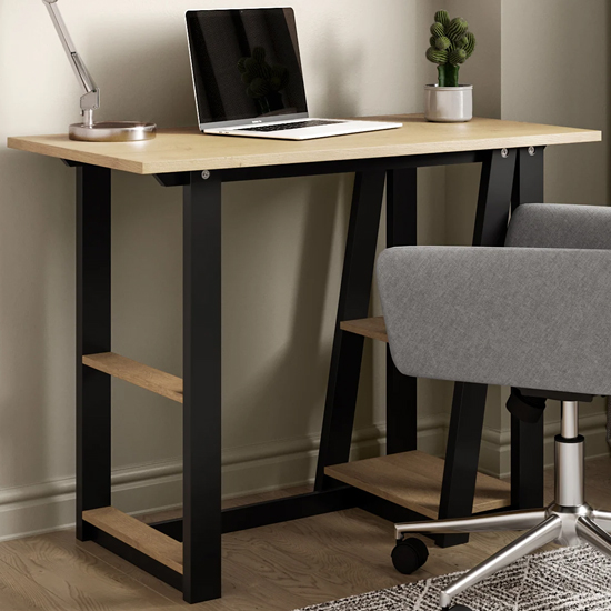 Photo of Penile wooden laptop desk with black metal frame in oak