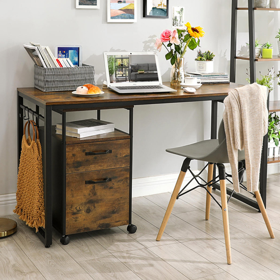 Peoria Wooden Computer Desk In Rustic Brown With Side Hooks FiF