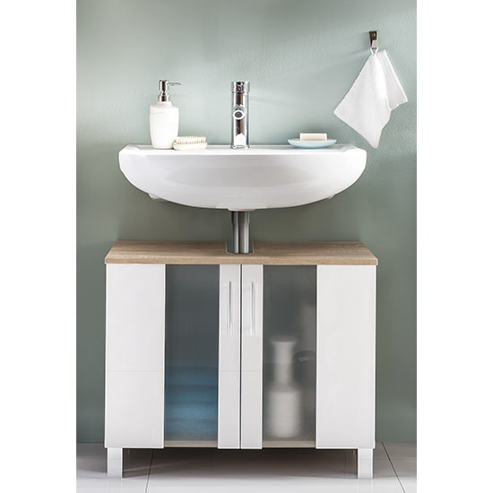 Product photograph of Perco Bathroom Sink Vanity Unit In White And Sagerau Oak from Furniture in Fashion