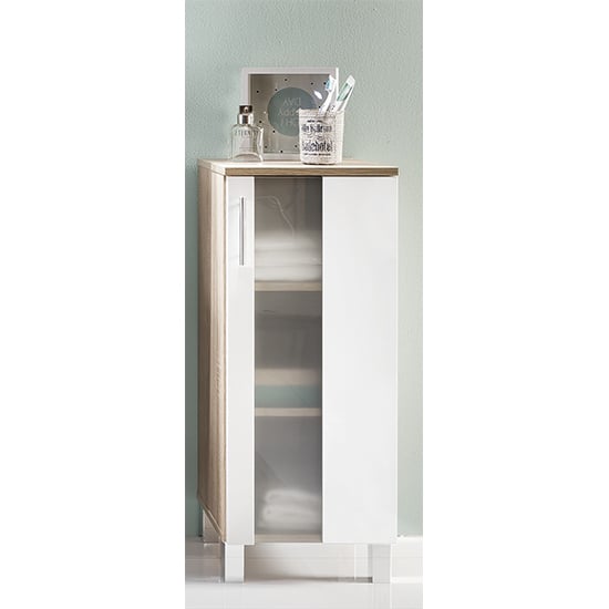Product photograph of Perco Floor Bathroom Storage Cabinet In White And Sagerau Oak from Furniture in Fashion