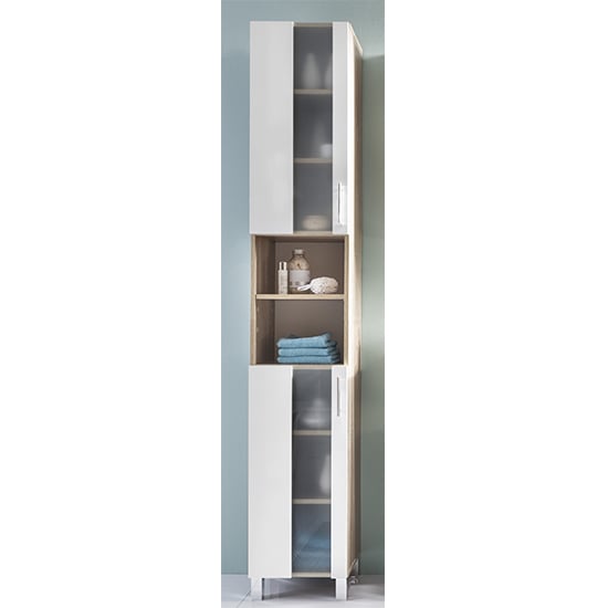 Product photograph of Perco Tall Bathroom Storage Cabinet In White And Sagerau Oak from Furniture in Fashion