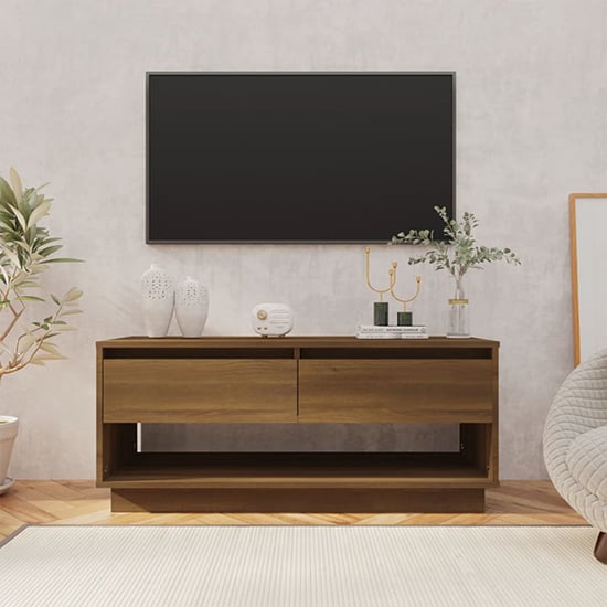 Read more about Perdy wooden tv stand with 2 drawers in brown oak
