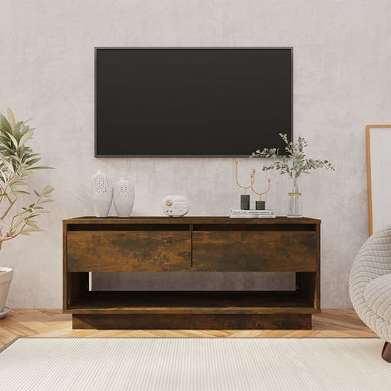 Photo of Perdy wooden tv stand with 2 drawers in smoked oak