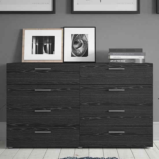 Photo of Perkin wide wooden chest of 8 drawers in black woodgrain