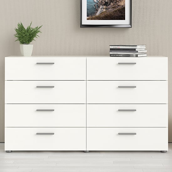 Photo of Perkin wide wooden chest of 8 drawers in white woodgrain
