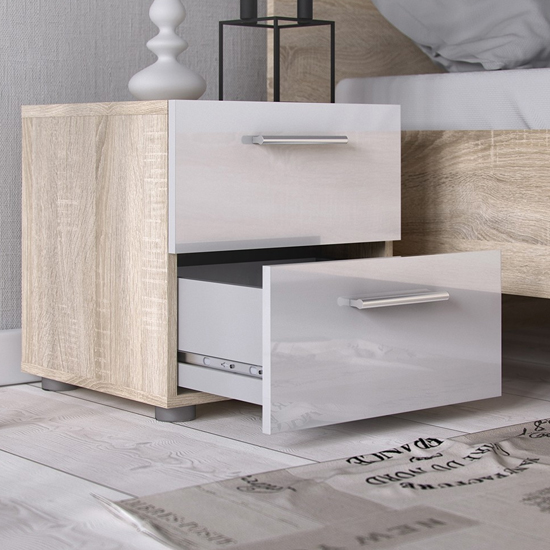 Perkin Wooden Bedside Cabinet With 2 Drawers In Oak White Gloss