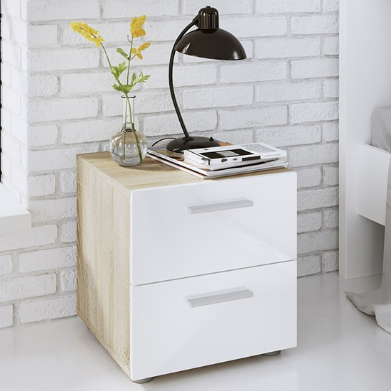 Product photograph of Perkin Wooden Bedside Cabinet In Oak And White Gloss 2 Drawers from Furniture in Fashion