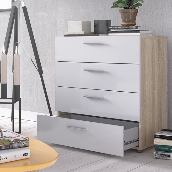 Read more about Perkin high gloss chest of 4 drawers in oak and white
