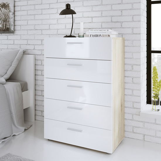 Photo of Perkin wooden chest of drawers in oak and white gloss 5 drawers