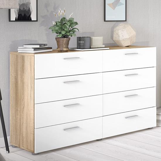 Photo of Perkin wooden chest of drawers in oak and white gloss 8 drawers