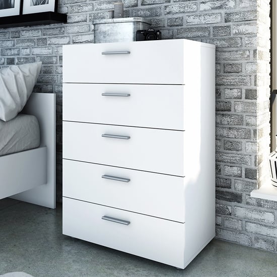 Photo of Perkin wooden chest of drawers in white with 5 drawers
